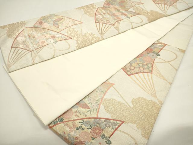 平和屋着物◎六通柄袋帯 扇面花蝶文 金糸 正絹 逸品 DABG6978cd