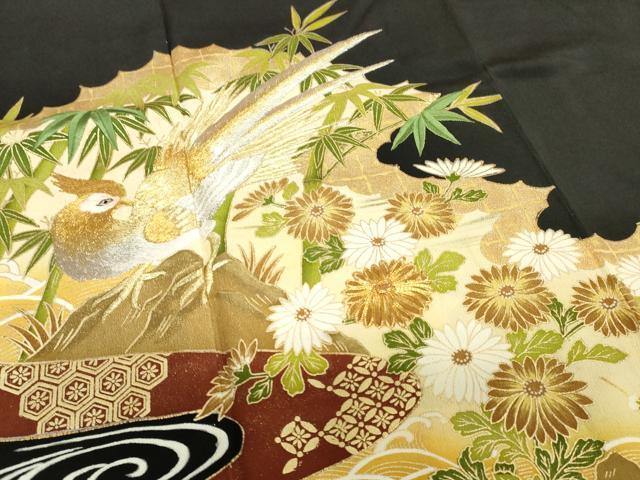 平和屋着物■豪華黒留袖 駒刺繍 尾長鳥草花文 金彩 正絹 逸品 DABG7009zy