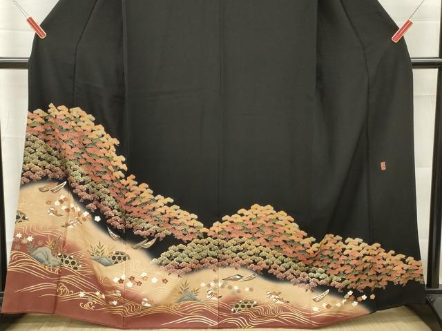 平和屋着物■豪華黒袖 作家物 鴛鴦樹林文 暈し染め 金彩 正絹 逸品 DABG7063zy