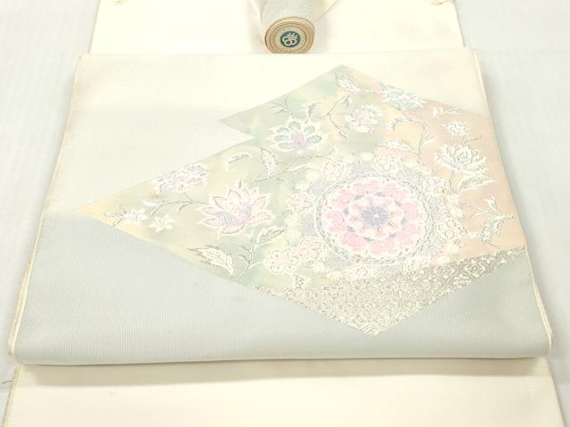 平和屋着物▼西陣 京の名門 じゅらく謹製 名古屋帯 帯反物 松皮菱花文 銀糸 証紙付き 逸品 未使用 DABG7361zy