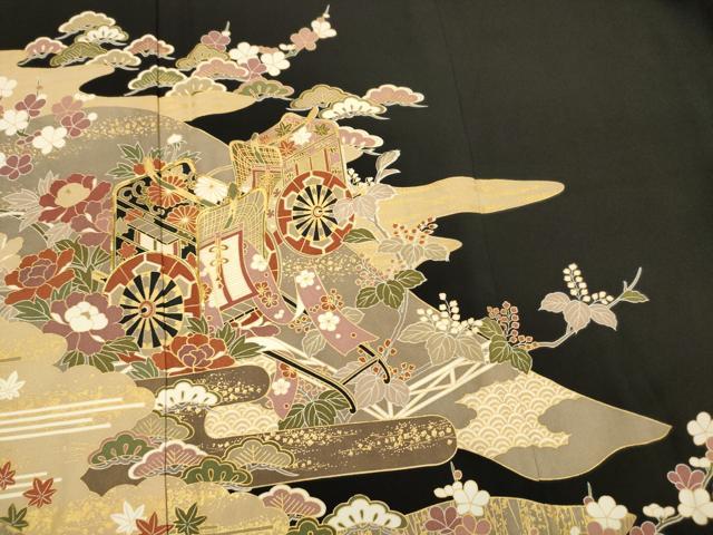 平和屋着物■豪華黒留袖 駒刺繍 御所車花松文 枝梅 金彩 正絹 逸品 DABG7666ya