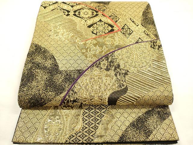 平和屋着物◎六通柄袋帯 地紙花文 黒地 金糸 正絹 逸品 DABG7749ya