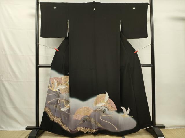 平和屋着物■豪華黒留袖 駒刺繍 扇面飛鶴文 暈し染め 金彩 正絹 逸品 DABG7853ya