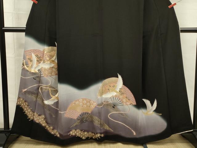 平和屋着物■豪華黒留袖 駒刺繍 扇面飛鶴文 暈し染め 金彩 正絹 逸品 DABG7853ya