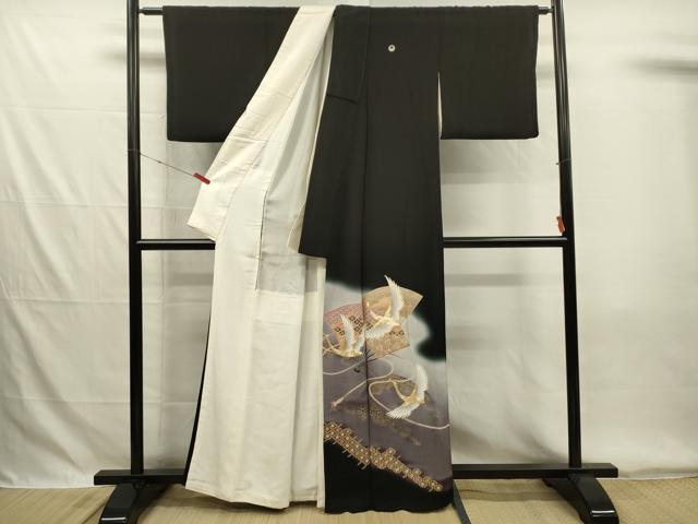 平和屋着物■豪華黒留袖 駒刺繍 扇面飛鶴文 暈し染め 金彩 正絹 逸品 DABG7853ya