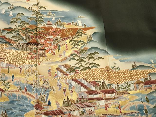 平和屋着物■豪華黒留袖 作家物 風景人物花松文 枝梅 暈し染め 金彩 正絹 逸品 DABG7855ya