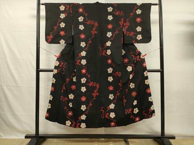 平和屋着物■上質なお召 枝梅文 黒地 正絹 逸品 DABG7991ya