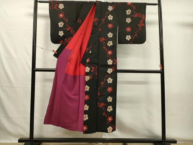 平和屋着物■上質なお召 枝梅文 黒地 正絹 逸品 DABG7991ya
