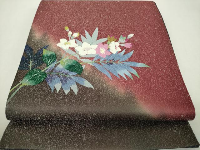 平和屋着物▼二代目清次郎 手描き 両面 太鼓柄袋帯 草花文 銀通し地 正絹 逸品 DABG8059ps