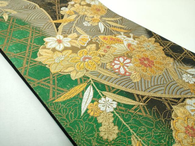 平和屋着物▼六通柄袋帯 枝垂れ桜 舞蝶花丸文 金銀糸 引箔 正絹 逸品 DABG8090ps