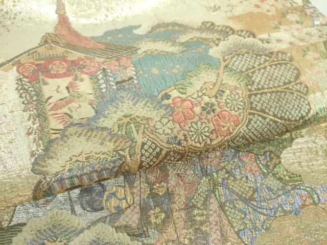 平和屋着物▼六通柄袋帯 きりこ織 雪輪御所車花文 平安人物文 金銀糸 正絹 逸品 DABG8119ps
