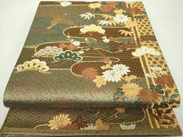 平和屋着物▼佐賀錦 六通柄袋帯 霞飛鶴松竹梅 金糸 引箔 正絹 逸品 DABG8150ps