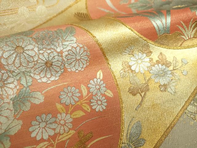 平和屋着物▼太鼓柄袋帯 駒刺繍 松皮菱花丸文 金銀彩 正絹 逸品 DABG8180ps