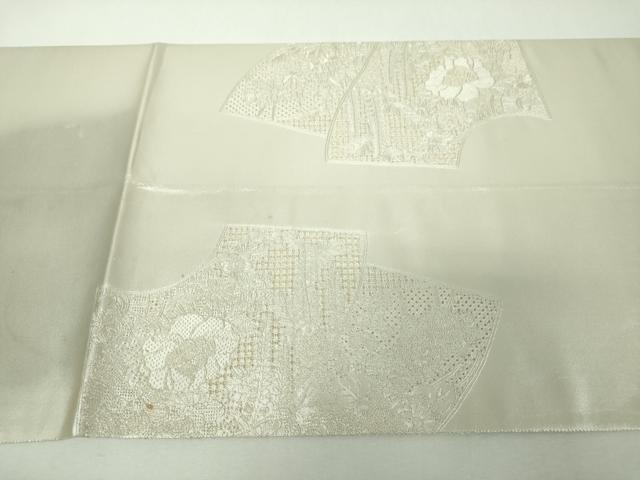 平和屋着物▼中国三大刺繍 スワトウ相良刺繍 汕頭相良刺繍 総刺繍 太鼓柄袋帯 絽刺し 扇面花文 銀糸 正絹 逸品 DABG8227ps