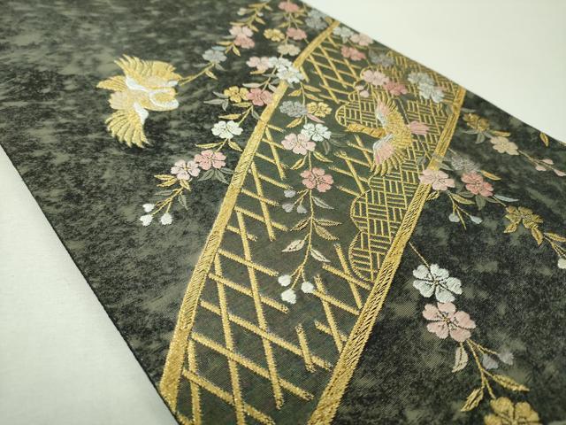 平和屋着物▼西陣 高島織物謹製 六通柄袋帯 青銅箔 枝垂れ桜鳳凰文 黒地 金銀糸 引箔 正絹 逸品 DABG8232ps
