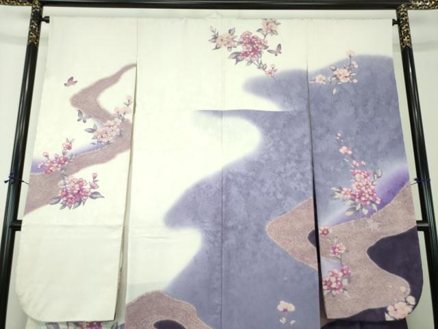 平和屋着物●森英恵・HANAE MORI 振袖 流水舞蝶花文 暈し染め 金彩 金通し地 正絹 逸品 DABG8240ps