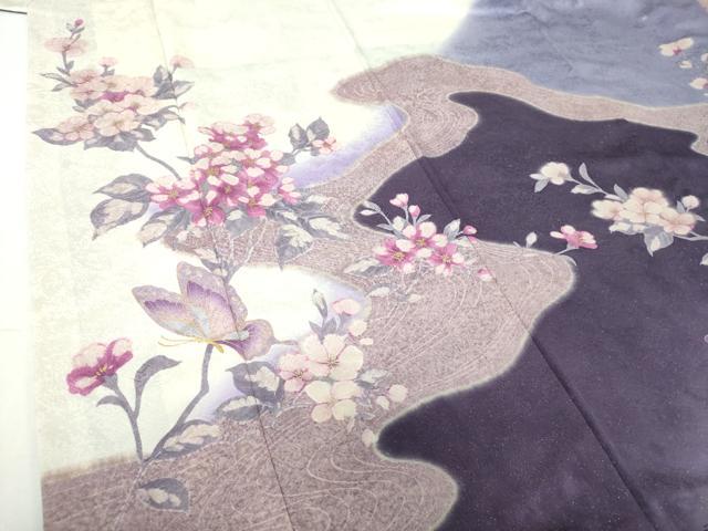 平和屋着物●森英恵・HANAE MORI 振袖 流水舞蝶花文 暈し染め 金彩 金通し地 正絹 逸品 DABG8240ps