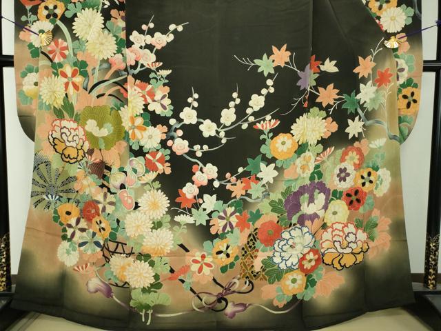 平和屋本店●アンティーク 大正ロマン 振袖 駒刺繍 源氏車吉祥花文 暈し染め 金彩 正絹 逸品 DABG8261ps