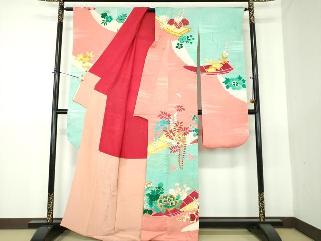 平和屋本店●アンティーク 大正ロマン 振袖 駒刺繍 吉祥花舟 金銀彩 正絹 逸品 DABG8262ps