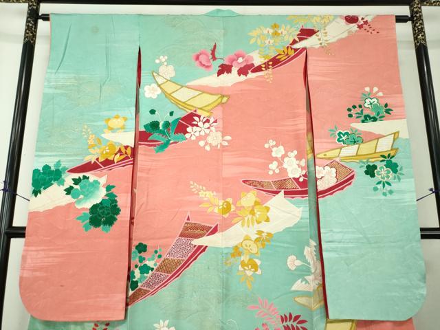 平和屋本店●アンティーク 大正ロマン 振袖 駒刺繍 吉祥花舟 金銀彩 正絹 逸品 DABG8262ps