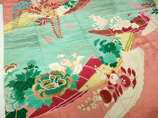 平和屋本店●アンティーク 大正ロマン 振袖 駒刺繍 吉祥花舟 金銀彩 正絹 逸品 DABG8262ps