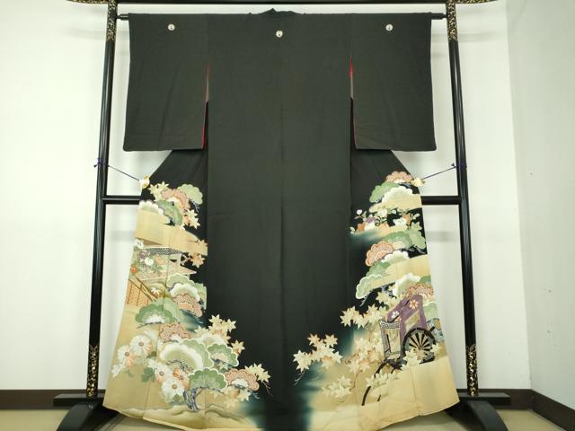 平和屋着物●アンティーク 大正ロマン 黒留袖 駒刺繍 吉祥風景花文 暈し染め 金彩 正絹 逸品 DABG8263ps
