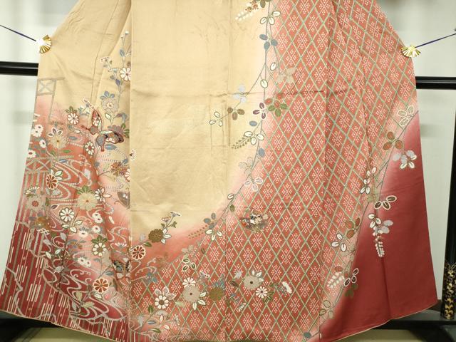 平和屋着物●訪問着 駒刺繍 舞蝶花文 暈し染め 金彩 正絹 逸品 DABG8416ps
