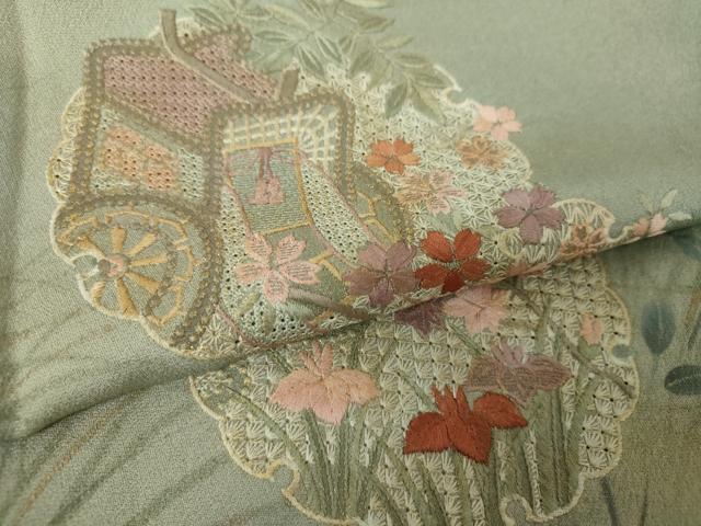 平和屋着物●中国三大刺繍 スワトウ刺繍 汕頭刺繍 訪問着 雪輪御所車花文 暈し染め 金彩 正絹 逸品 DABG8424ps