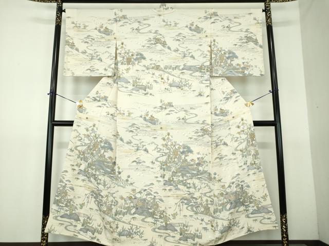 平和屋着物●中国三大刺繍 相良刺繍 訪問着 胴抜き仕立て 駒刺繍 千鳥 立波風景花文 金糸 正絹 逸品 DABG8432ps