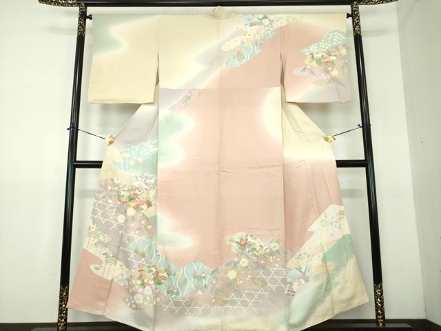 平和屋着物●訪問着 駒刺繍 地紙吉祥花文 暈し染め 金彩 正絹 逸品 DABG8433ps
