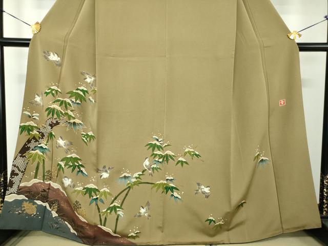平和屋着物●ファッションデザイナー 花井幸子 訪問着 駒刺繍 雪持ち笹 雀 暈し染め 金彩 正絹 逸品 DABG8463ps