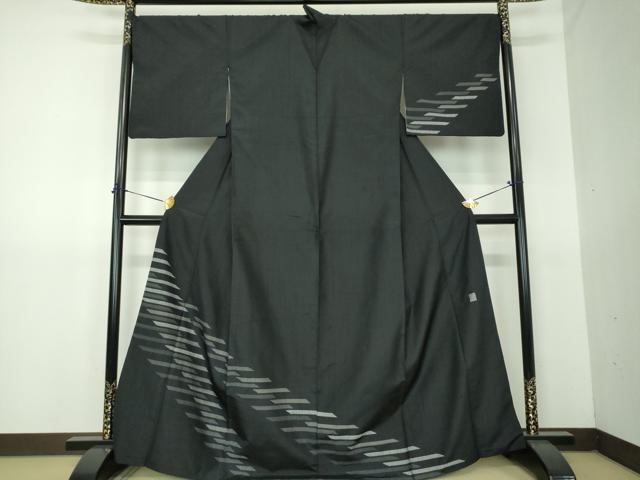 平和屋着物●訪問着 紬地 横段文 黒地 正絹 逸品 DABG8468ps