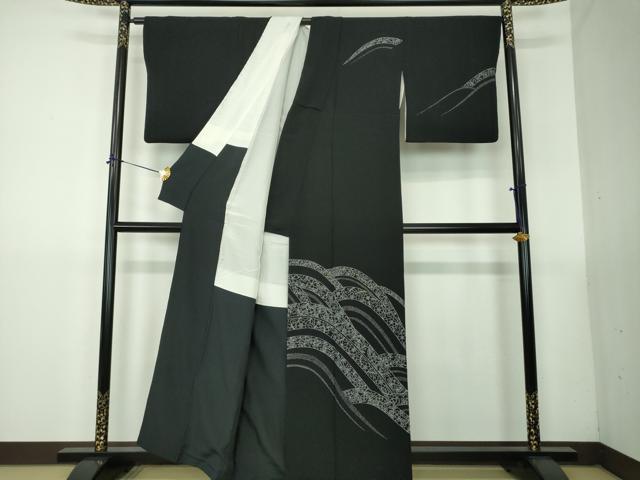 平和屋着物●訪問着 流水花文 鬼しぼ縮緬 黒地 正絹 逸品 DABG8502ps