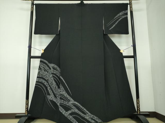 平和屋着物●訪問着 流水花文 鬼しぼ縮緬 黒地 正絹 逸品 DABG8502ps