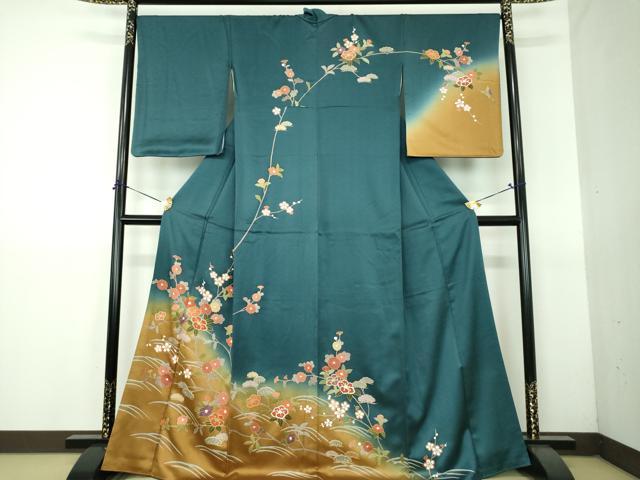 正絹 暈し染め 金彩 逸品 平和屋着物○訪問着 流水草花文 刺繍 駒刺繍
