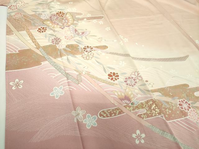 平和屋着物●訪問着 駒刺繍 枝垂れ桜 舞蝶文 暈し染め 金彩 正絹 逸品 未使用 DABG8533ps