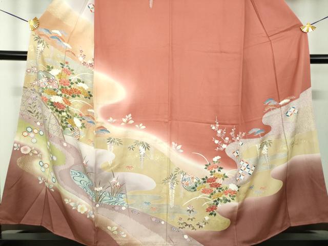 平和屋着物●訪問着 駒刺繍 雪輪籬花文 暈し染め 金彩 正絹 逸品 DABG8537ps