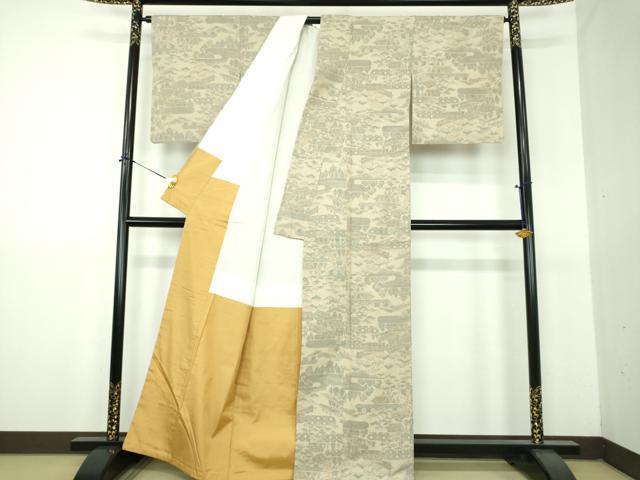 平和屋着物●本場結城紬 重要無形文化財 モロ入り 100亀甲 風景文 正絹 逸品 DABG8558ps