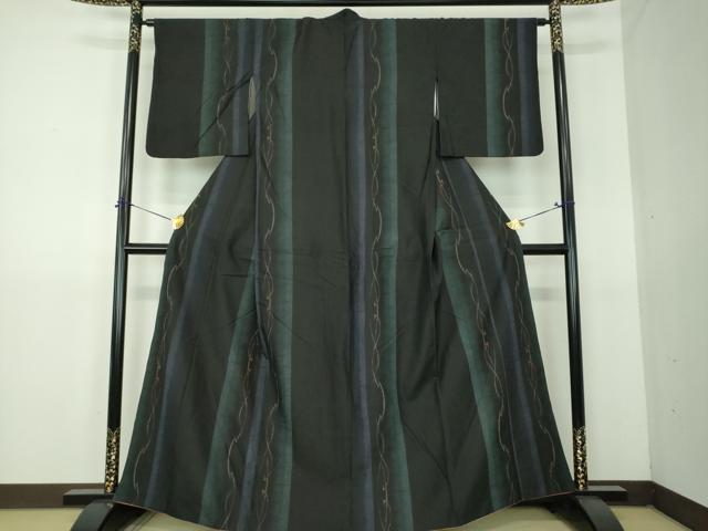 平和屋着物●上質な紬 よろけ縞 黒地 正絹 逸品 DABG8577ps