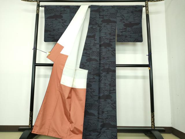 平和屋着物●結城紬 80亀甲 雲取り風景 正絹 逸品 DABG8578ps