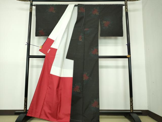 平和屋着物●上質な紬 花車文 黒地 正絹 逸品 DABG8603ps