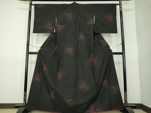 平和屋着物●上質な紬 花車文 黒地 正絹 逸品 DABG8603ps