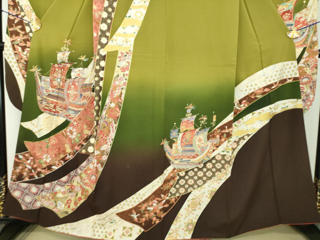 平和屋着物●豪華振袖 南蛮船 花鳥熨斗文 暈し染め 金銀彩 正絹 逸品 DABG8629ps