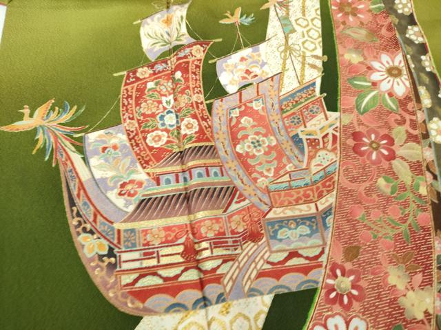 平和屋着物●豪華振袖 南蛮船 花鳥熨斗文 暈し染め 金銀彩 正絹 逸品 DABG8629ps
