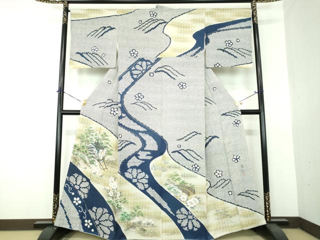 平和屋着物●訪問着 作家物 総絞り 手描き 渡橋御所車風景花文 金彩 正絹 逸品 DABG8678ps