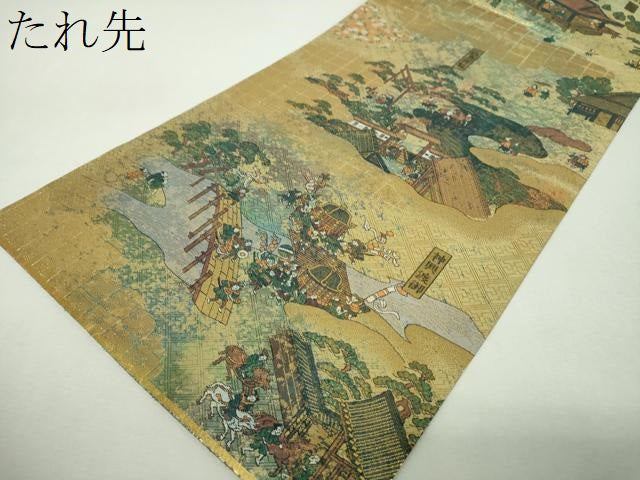 平和屋着物▼両面 全景全通柄袋帯 日本名所 金糸 引箔 正絹 逸品 DABG8716ps