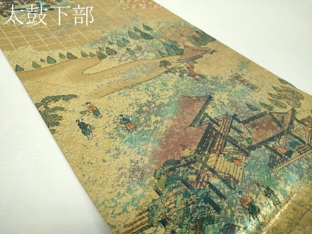 平和屋着物▼両面 全景全通柄袋帯 日本名所 金糸 引箔 正絹 逸品 DABG8716ps