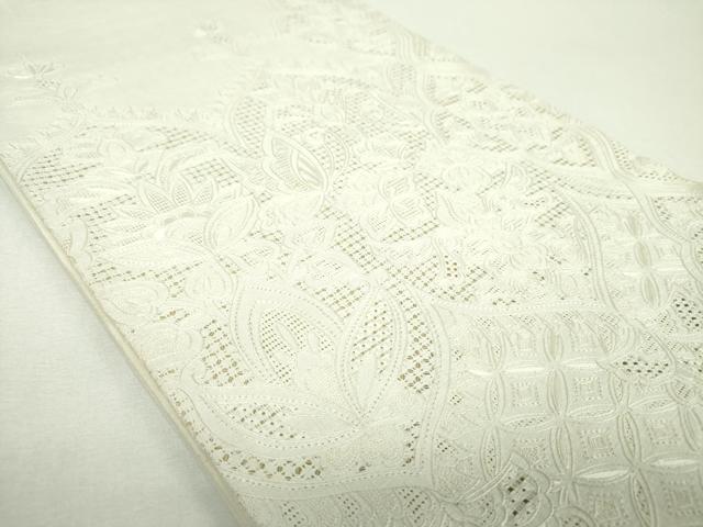 平和屋着物●中国三大刺繍 スワトウ相良刺繍 汕頭相良刺繍 総刺繍 太鼓柄袋帯 紬地 舞蝶更紗花文 生成色 正絹 逸品 DABG8750ps