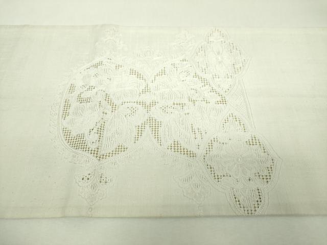 平和屋着物●中国三大刺繍 スワトウ相良刺繍 汕頭相良刺繍 総刺繍 太鼓柄袋帯 紬地 舞蝶更紗花文 生成色 正絹 逸品 DABG8750ps