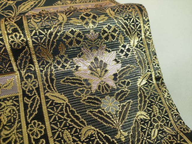平和屋着物▼六通柄袋帯 恵寿 花唐草文 黒地 金糸 正絹 逸品 未使用 DABG8864ps